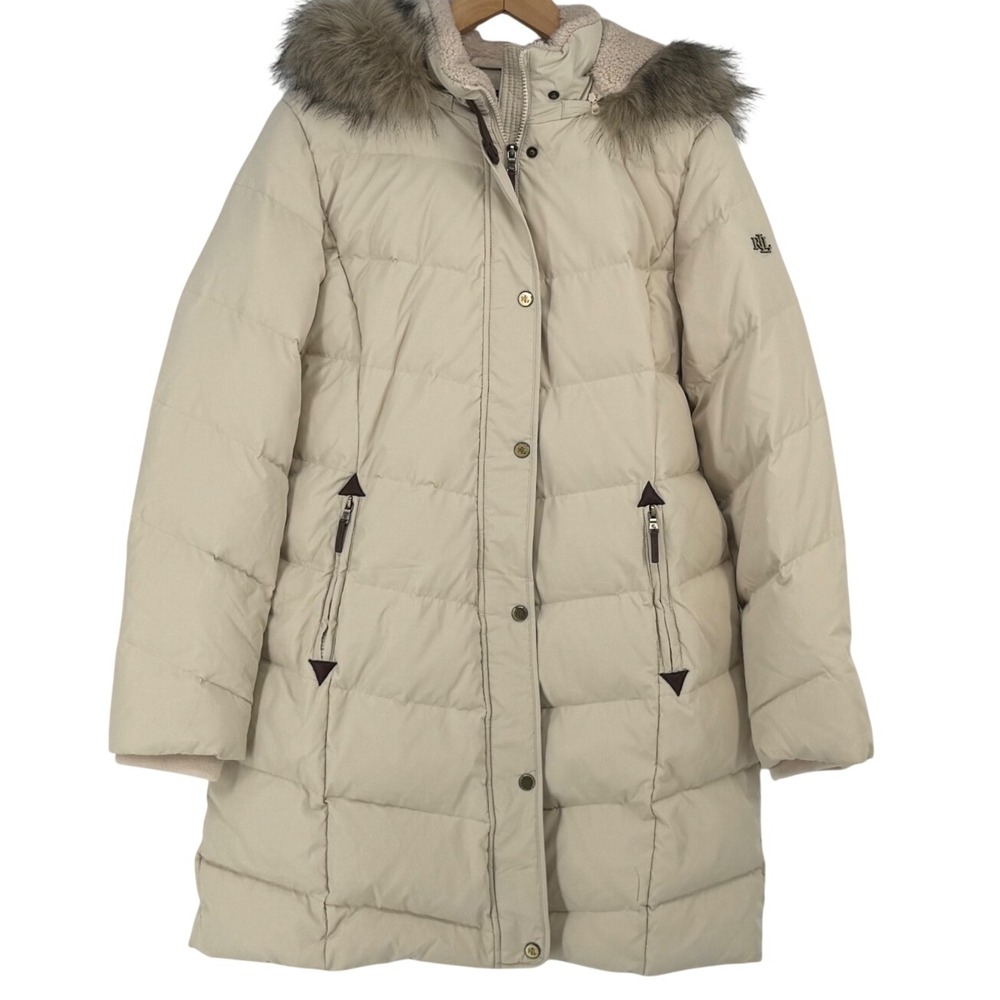 Lauren Ralph Lauren Down Puffer Coat Women L Cream Faux Fur Hood Quilted